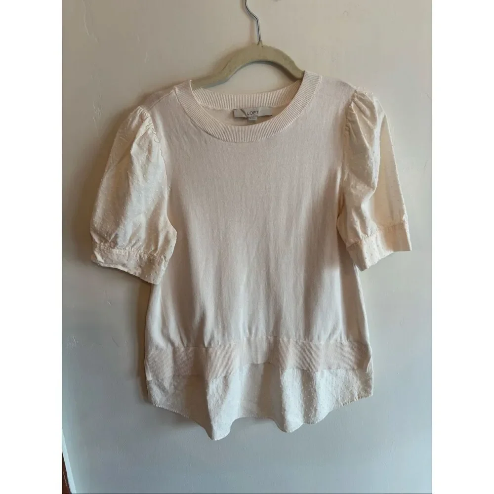 Loft Ivory Puff Sleeve Blouse Size Medium Polka Dot Texture Scoop Neck